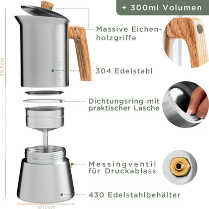 WALDWERK Espressokocher 300 ml, Edelstahl mit Eichenholzgriff