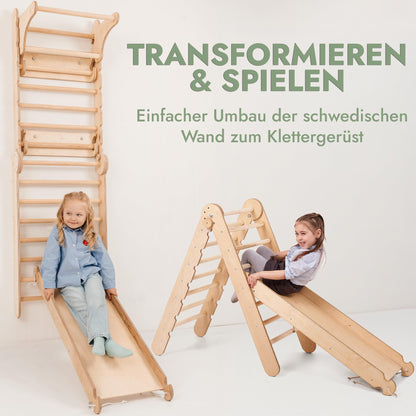Kids Holz Schwedenwand Kletterdreieck & Rutsche Set - 6-in-1