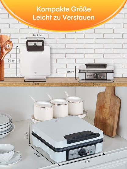 FOHERE Waffeleisen 2030, 1200 Watt, 4 Waffeln, Antihaftbeschichtung