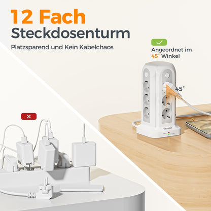 TESSAN Steckdosenturm 12-fach mit USB-C, 5 m Kabel, Weiss
