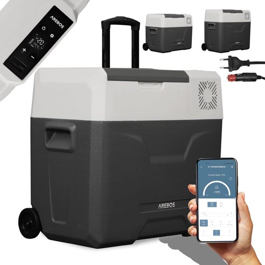Arebos Kompressor Kühlbox 47L – Elektrische Gefrierbox mit Rollen. Graue Box. Kühlt/gefriert Speisen mobil.
