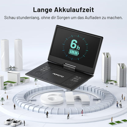 POFOTO Tragbarer DVD-Player, 14,1-Zoll-HD-Schwenkdisplay, 6h Akku