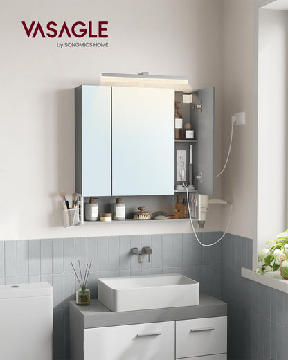 VASAGLE Spiegelschrank LED Steckdosen wolkenweiss-Taubengrau BBK126G01