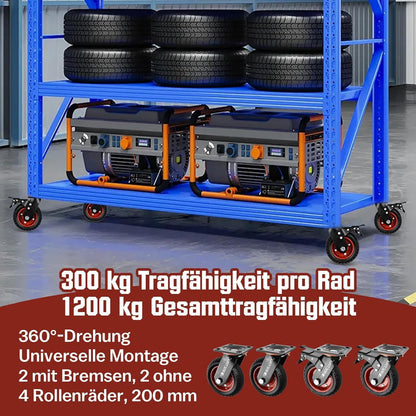 Schwerlast Lenkrollen 200mm Vollgummi, 4er Set (2L/2B), 1200kg