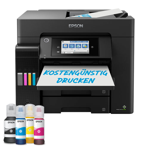 Epson EcoTank ET-5850 A4 Tintentank Multifunktionsdrucker Fax, schwarz. Ein Gerät zum Drucken, Scannen, Kopieren und Faxen von A4-Dokumenten.