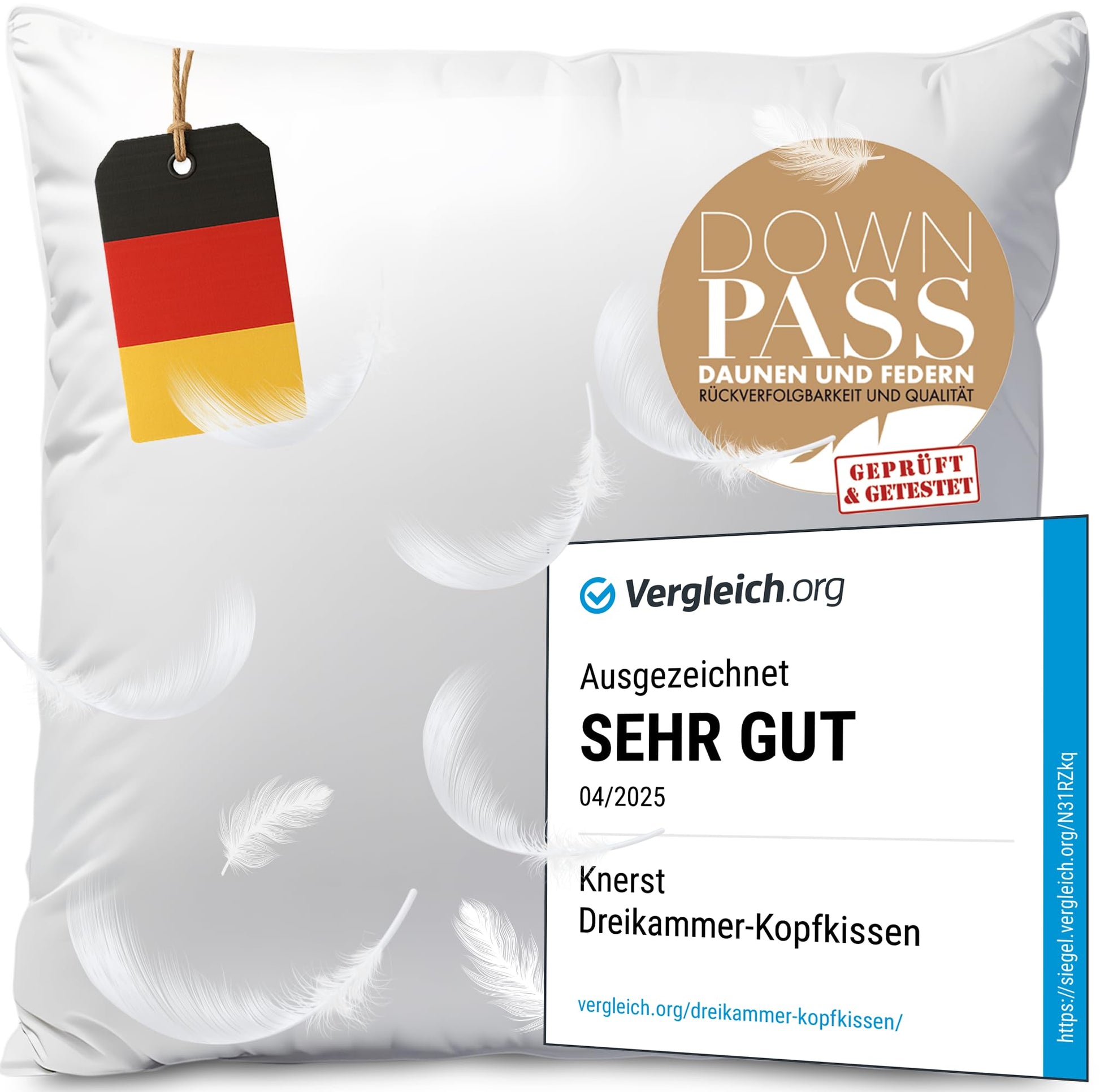 Deutsches 3-Kammer Kopfkissen 80x80 cm - Daunen & Federn: Quadratisches, weißes Kissen. Dient als Kopfstütze für Schlaf.