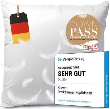 Deutsches 3-Kammer Kopfkissen 80x80 cm - Daunen & Federn: Quadratisches, weißes Kissen. Dient als Kopfstütze für Schlaf.