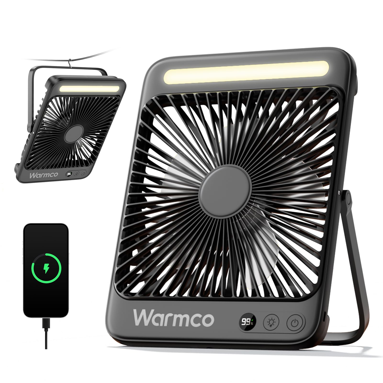 Warmco Akku-Campingventilator D4 mit LED-Lampe, 20000 mAh, leise, ultraflacher Tischventilator mit Haken