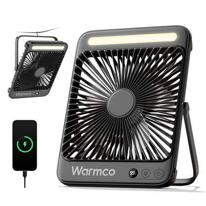 Warmco Akku-Campingventilator D4 mit LED-Lampe, 20000 mAh, leise, ultraflacher Tischventilator mit Haken