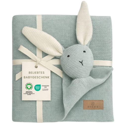 DIKOS SCHMUSE-Hase Babydecke & Kuscheltuch 2-in-1, Bio-Baumwolle, Mint – mintfarbene Strickdecke mit Stoffhasen