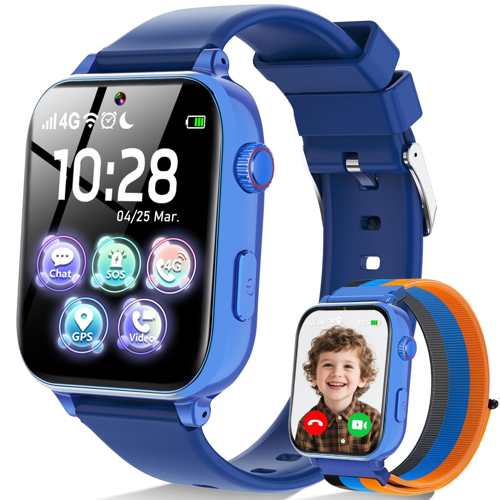 Ucani A28 4G Kinder-Smartwatch mit GPS, Videoanruf und SOS, Dunkelblau, Kinderuhr mit Touchscreen