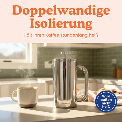 Ziruma French Press Edelstahl Kaffeebereiter doppelwandig, 1 Liter