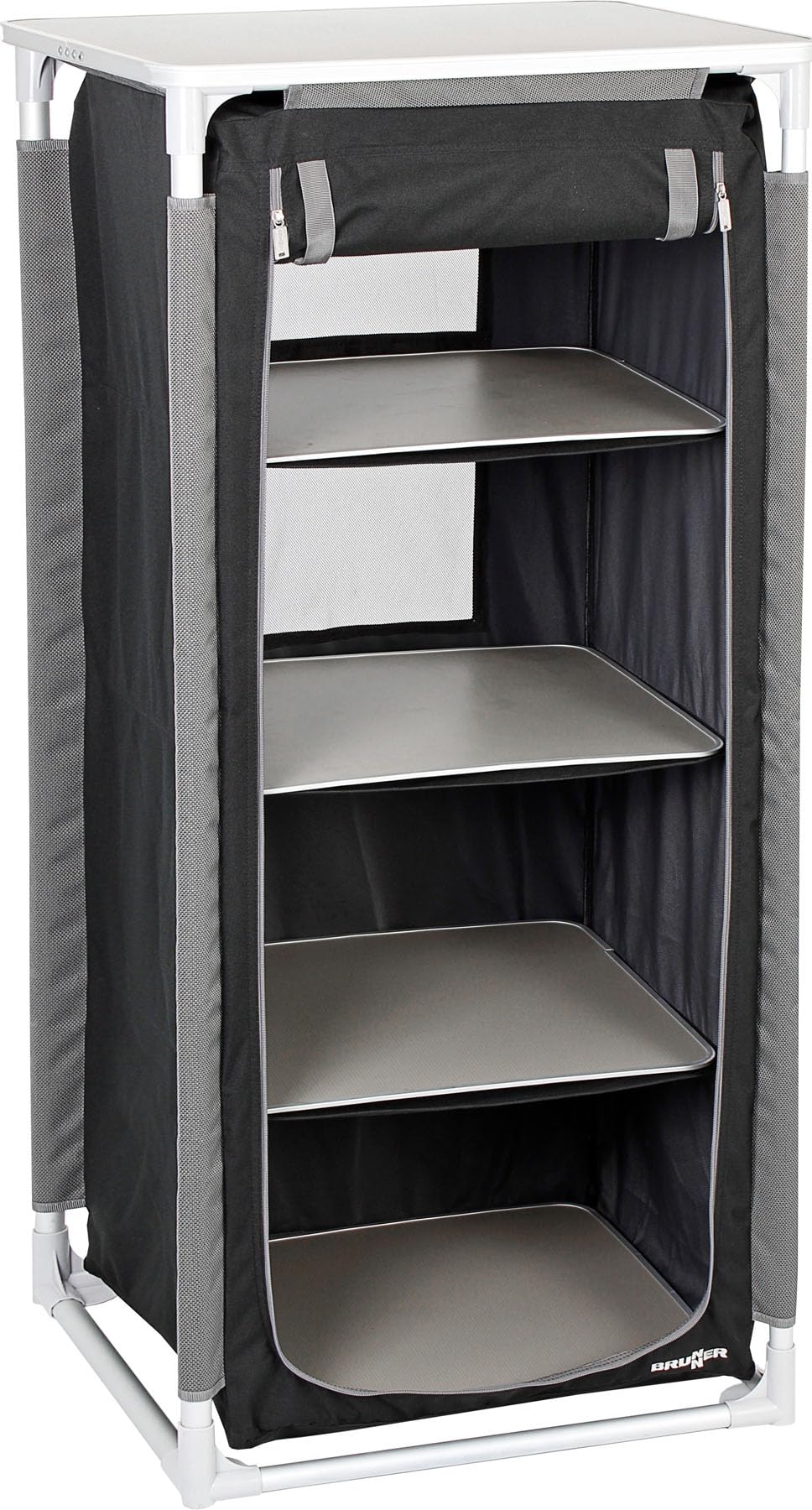 BRUNNER Azabache HS Campingschrank – Kompakt & Faltbar. Grauer Campingschrank mit Fächern. Mobiler Stauraum für Campingausrüstung.