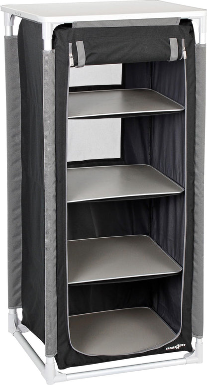 BRUNNER Azabache HS Campingschrank – Kompakt & Faltbar. Grauer Campingschrank mit Fächern. Mobiler Stauraum für Campingausrüstung.