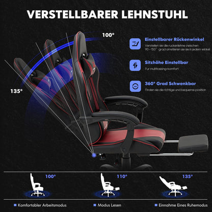 COLAMY Gaming Stuhl mit Fuss- & Lendenwirbelstütze - Rot