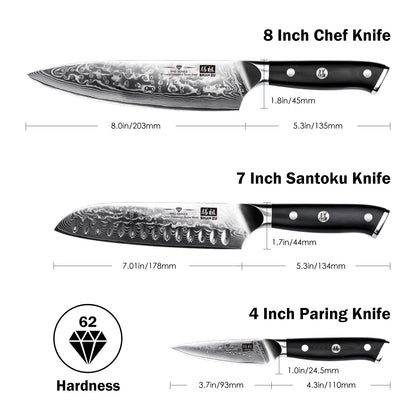 SHAN ZU Damast Küchenmesser Set 3-tlg. Japan Superstahl G10