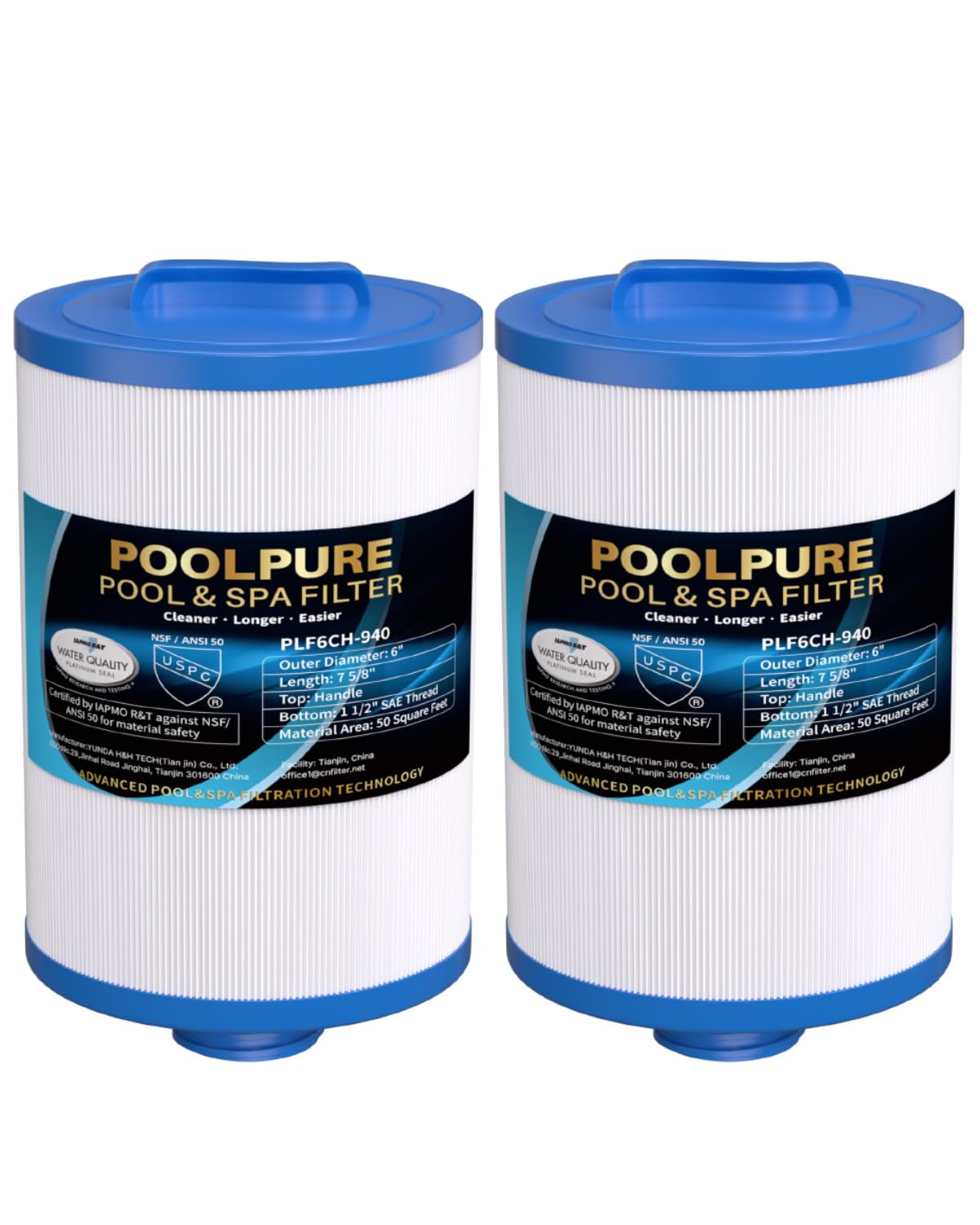 POOLPURE Whirlpool Filter PLF6CH-940 für Unicel 6CH-940, 2er-Pack – zylindrische Filterkartusche mit Tragegriff