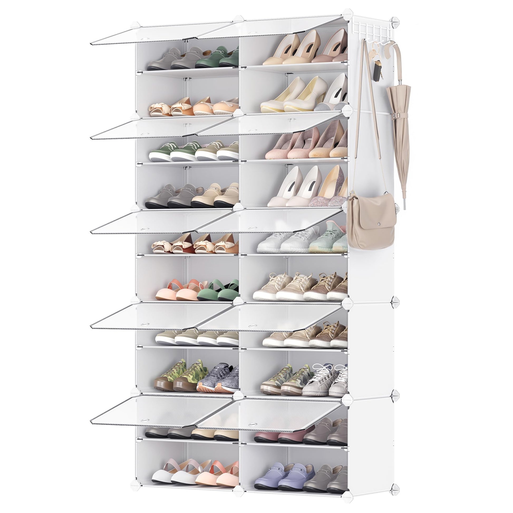 SONGMICS Schuhregal LPC035W01 mit 10 Fächern, wolkenweiss-transparent, mit Türen und seitlichen Haken