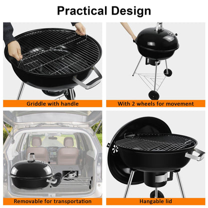 kisidus Kugelgrill Holzkohlegrill mit Deckel und Rädern, 54 cm
