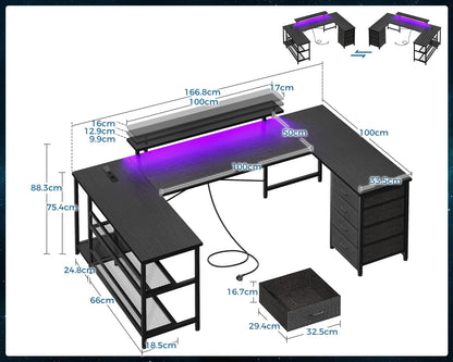 ODK Gaming Eckschreibtisch – reversibel, LED, USB, schwarz
