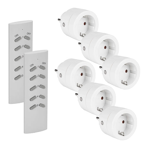 SEC 24 Funksteckdosen-Set, 6 Steckdosen mit 2 Fernbedienungen, 3680 W, weiss, rundes kompaktes Design