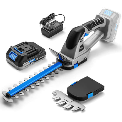 DEKOPRO 2-in-1 Akku-Heckenschere 20V mit Akku und Ladegerät – kabellose Gartenschere in Blau mit zwei Klingen