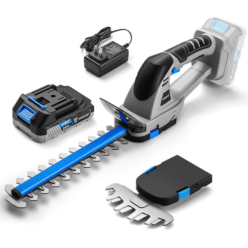 DEKOPRO 2-in-1 Akku-Heckenschere 20V mit Akku und Ladegerät – kabellose Gartenschere in Blau mit zwei Klingen