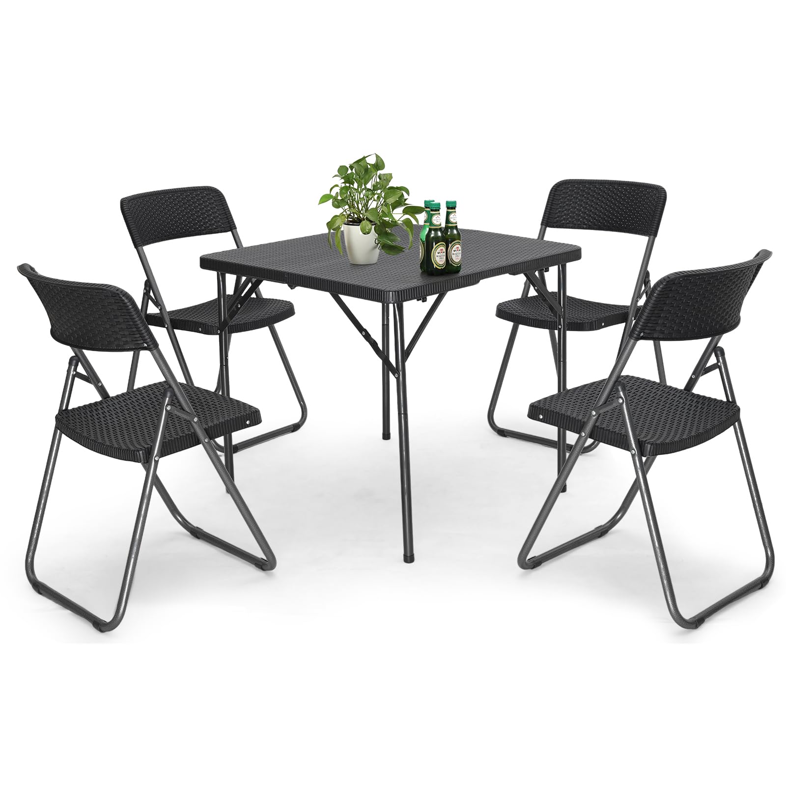 Sekey Garten-Essgruppe für 4 Personen, klappbar, Polyrattan schwarz – Sitzgruppe mit vier Stühlen und Tisch