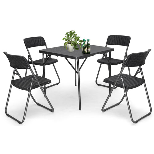 Sekey Garten-Essgruppe für 4 Personen, klappbar, Polyrattan schwarz – Sitzgruppe mit vier Stühlen und Tisch