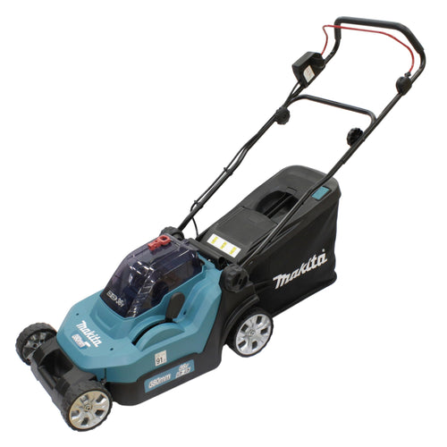 Makita DLM382Z Akku-Rasenmäher 2x18V – Ohne Akku & Lader, blau-schwarzer Akku-Rasenmäher. Mäht Rasen kabellos.