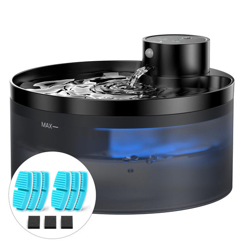 GIOTOHUN Katzenbrunnen kabellos, 3,2 L Trinkbrunnen mit Akku in Schwarz mit blauer LED