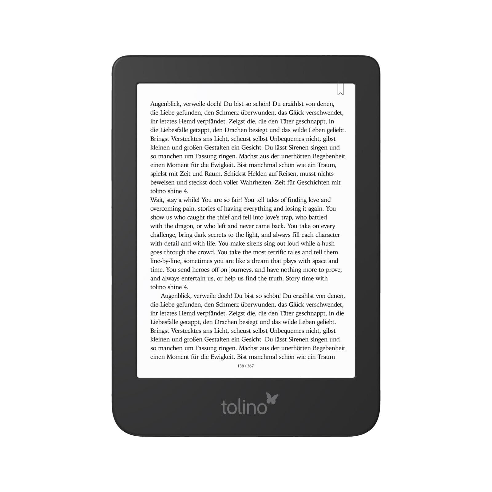 Tolino Shine 4 eBook-Reader: Schwarzes, rechteckiges Gerät mit Display zum wasserdichten Lesen digitaler Bücher; SmartLight.