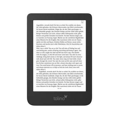 Tolino Shine 4 eBook-Reader: Schwarzes, rechteckiges Gerät mit Display zum wasserdichten Lesen digitaler Bücher; SmartLight.