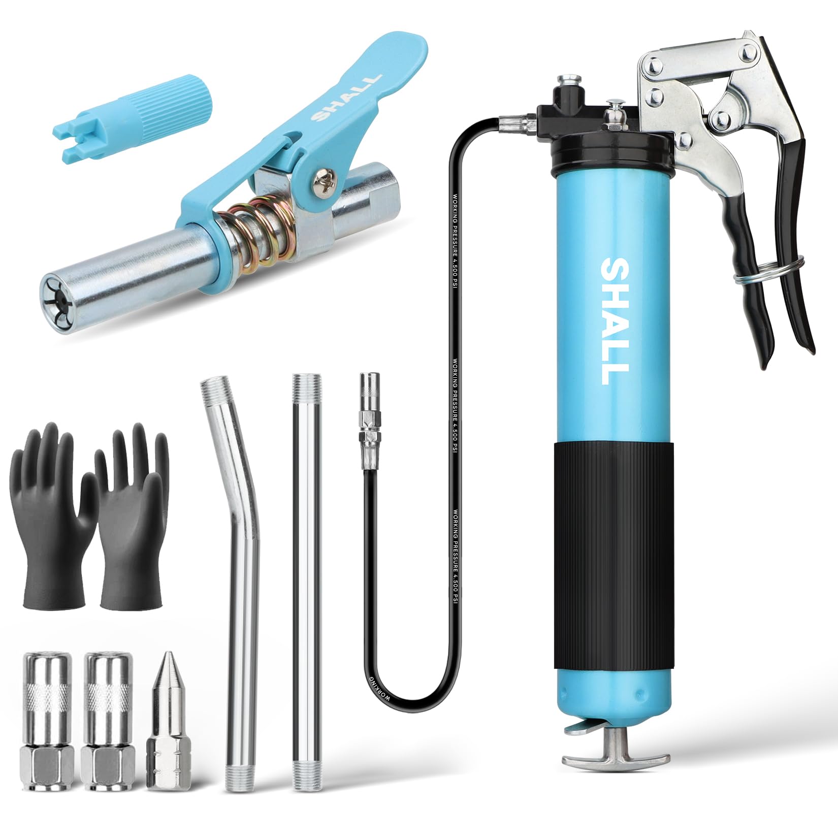 Shall Schmierpresse Set 7000 PSI Fettpresse mit Pistolengriff aus Druckgussaluminium mit Federflexschlauch