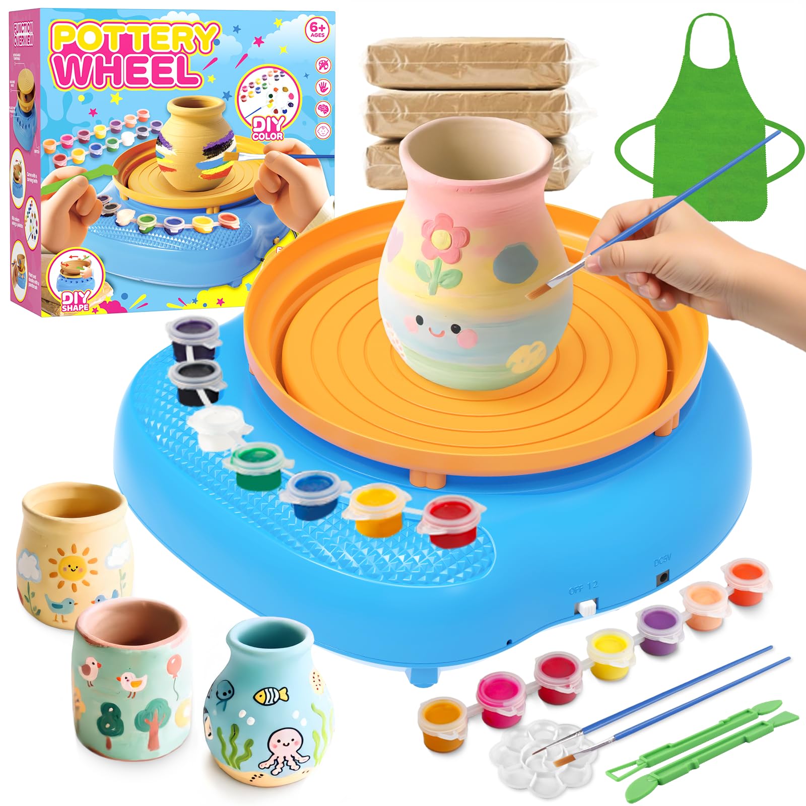 Weilim Töpferscheibe Set für Kinder mit Ton und Werkzeug, Blau – Töpferset mit Drehteller, Fusspedal und Bastelzubehör