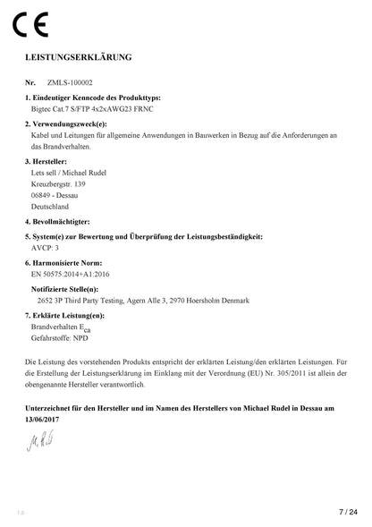 BIGtec CAT 7 Verlegekabel - 100m PiMF orange halogenfrei