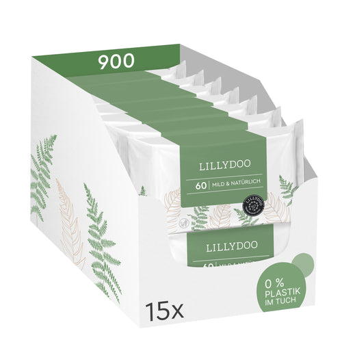 LILLYDOO green Feuchttücher Mild & Natürlich, 900 Stück (15x60), Vorratspackung mit 15 Packungen, plastikfreies Tuch