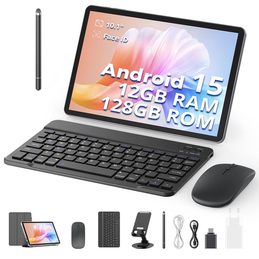 NextGen 2025 Tablet 10 Zoll 128GB - Android 15 Zubehör Set. Schwarzes, rechteckiges 10-Zoll-Tablet für mobiles Computing.