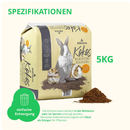 Allkokos Einstreu aus 100 % Kokosfasern für Kleintiere, 3x40 Liter