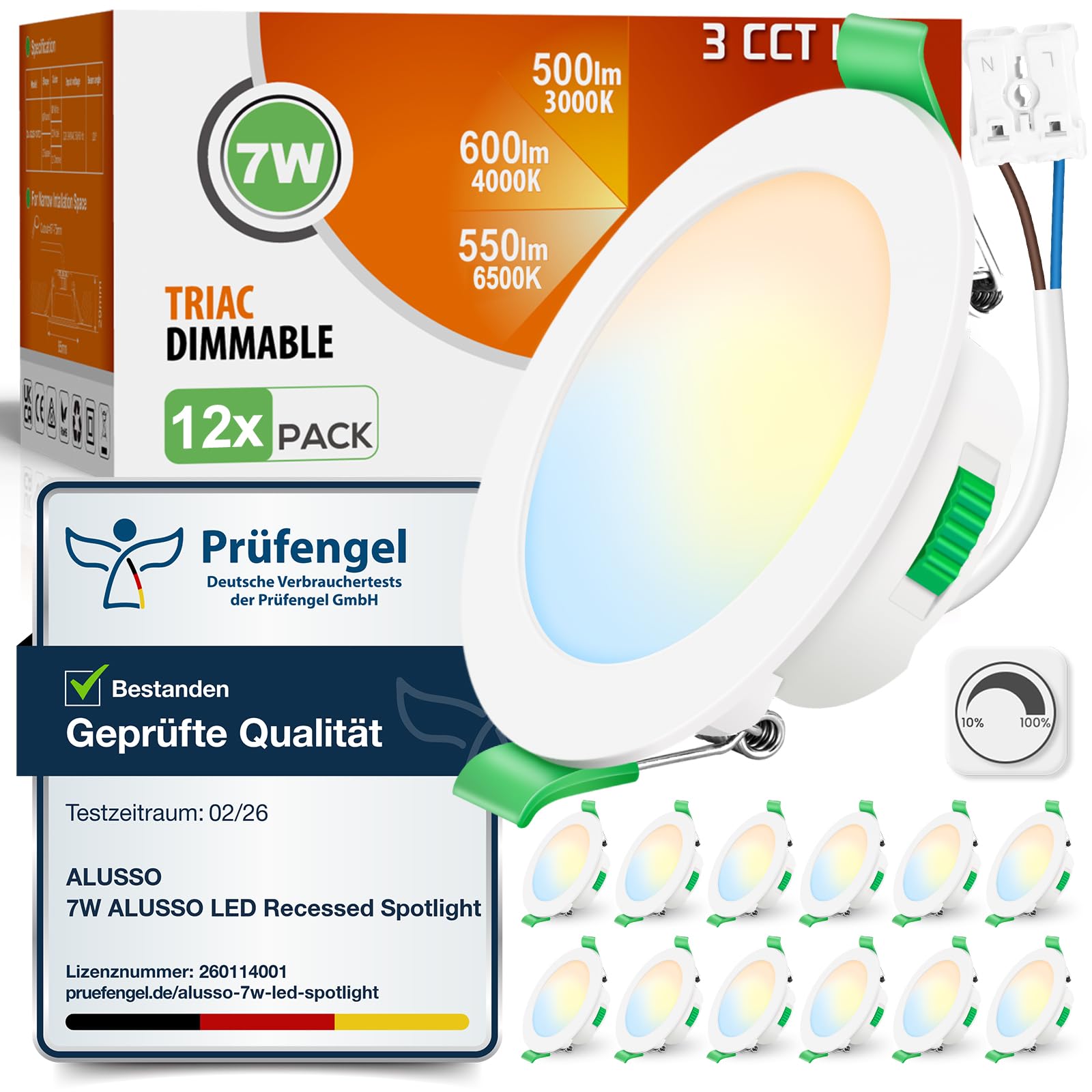 ALUSSO LED Einbaustrahler 230V, dimmbar, IP44, weiss, 12er Set, runde Deckenspots zur Einbaumontage