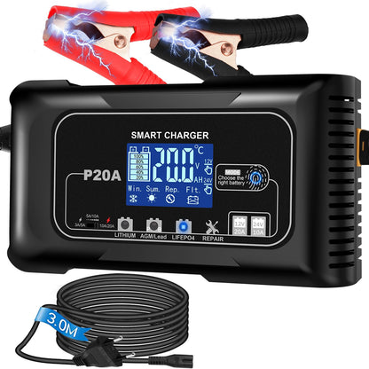 HTRC P20A Autobatterie Ladegerät 12V/24V für LiFePO4 & Blei-Säure mit LCD-Display und Krokodilklemmen