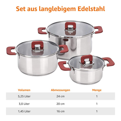 Amazon Basics Kochtopf-Set Edelstahl 3-teilig mit Deckeln 16/20/24 cm