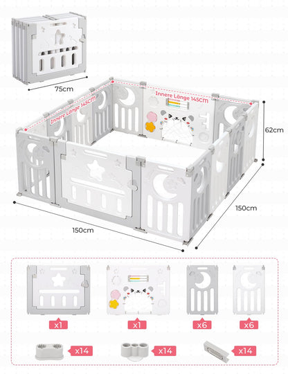 Dripex Laufstall Baby faltbar 150x150cm – Grau mit Spielboard