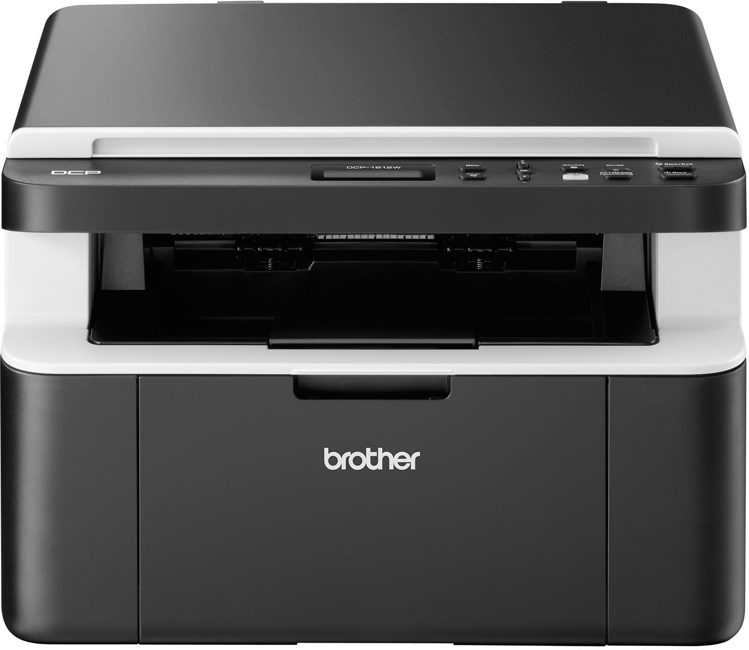 Brother DCP-1612W Monochrom 3-in-1 Multifunktionsgerät. Rechteckiges, schwarzes Gerät, das Dokumente druckt, kopiert und scannt.