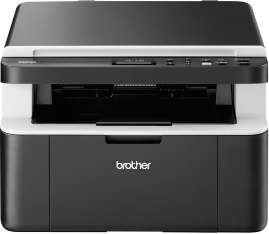 Brother DCP-1612W Monochrom 3-in-1 Multifunktionsgerät. Rechteckiges, schwarzes Gerät, das Dokumente druckt, kopiert und scannt.