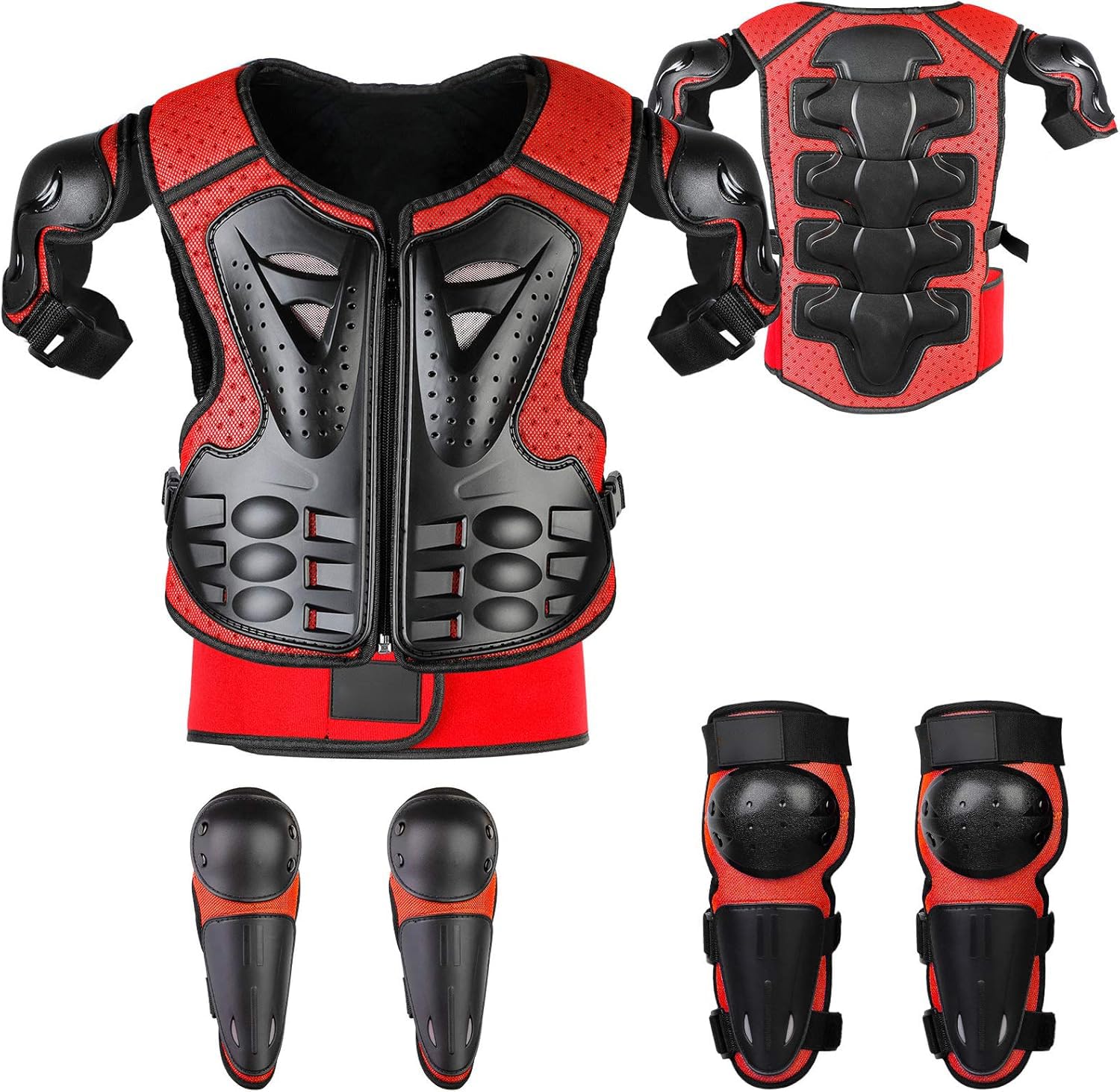 Fansport Motorrad Schutzjacke Kinder, 5-teiliges Protektoren-Set, Rot mit Brustpanzer, Knie- und Ellbogenschonern
