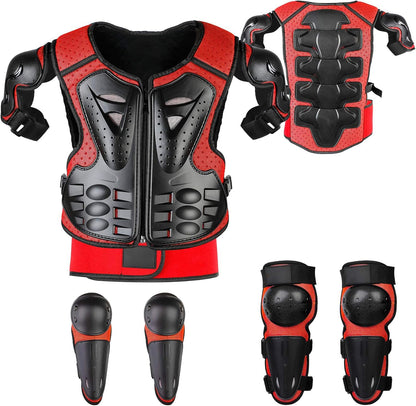 Fansport Motorrad Schutzjacke Kinder, 5-teiliges Protektoren-Set, Rot mit Brustpanzer, Knie- und Ellbogenschonern