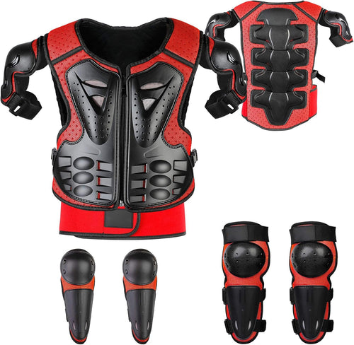 Fansport Motorrad Schutzjacke Kinder, 5-teiliges Protektoren-Set, Rot mit Brustpanzer, Knie- und Ellbogenschonern