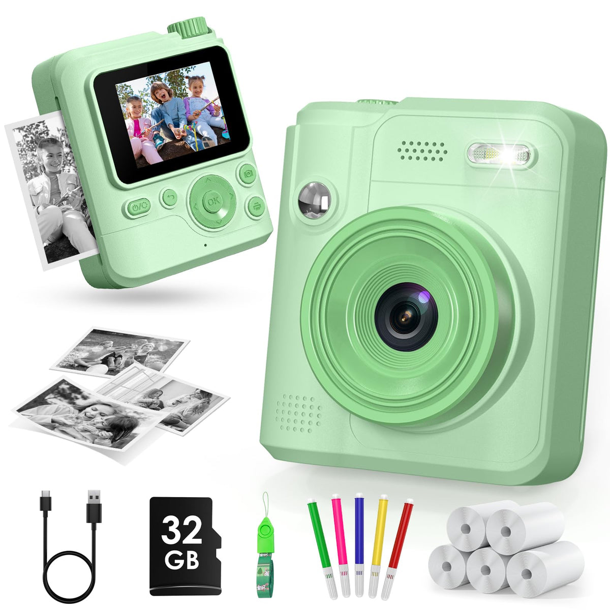 Gofunly Kinderkamera Sofortbildkamera 1080P HD mit 32 GB Karte, Sofortdruck ohne Tinte und IPS-Display