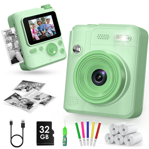 Gofunly Kinderkamera Sofortbildkamera 1080P HD mit 32 GB Karte, Sofortdruck ohne Tinte und IPS-Display
